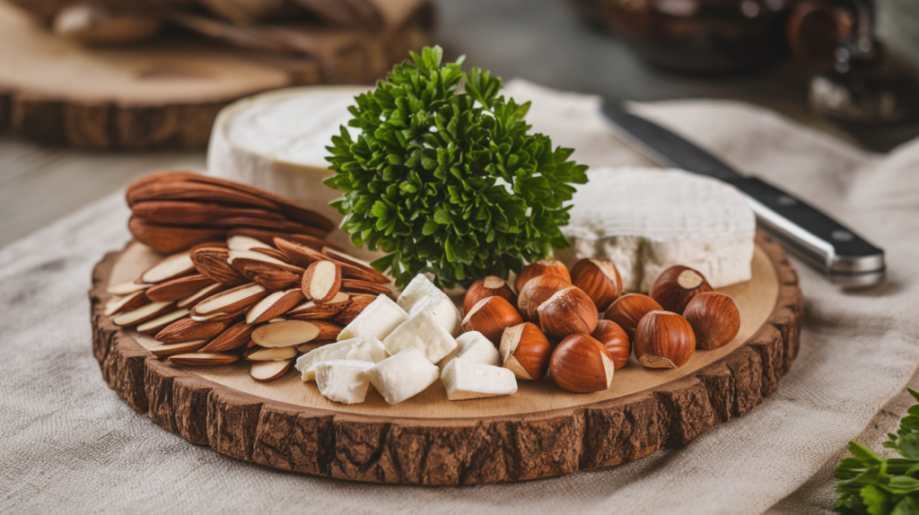 Amandes effilées pour un croquant irrésistible.

Noisettes, parce qu’elles ajoutent une touche gourmande.

Feta ou mozzarella pour leur capacité à fondre délicieusement.

Un bouquet de persil frais pour la saveur et la couleur.