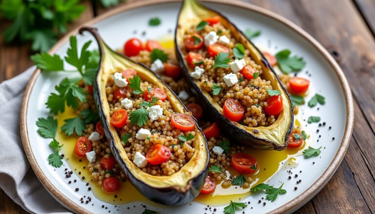 découvrez une recette délicieuse d'aubergines farcies au quinoa et feta, alliant saveurs méditerranéennes et bienfaits nutritifs. parfaites pour un repas sain et savoureux, ces aubergines garnies raviront vos papilles !