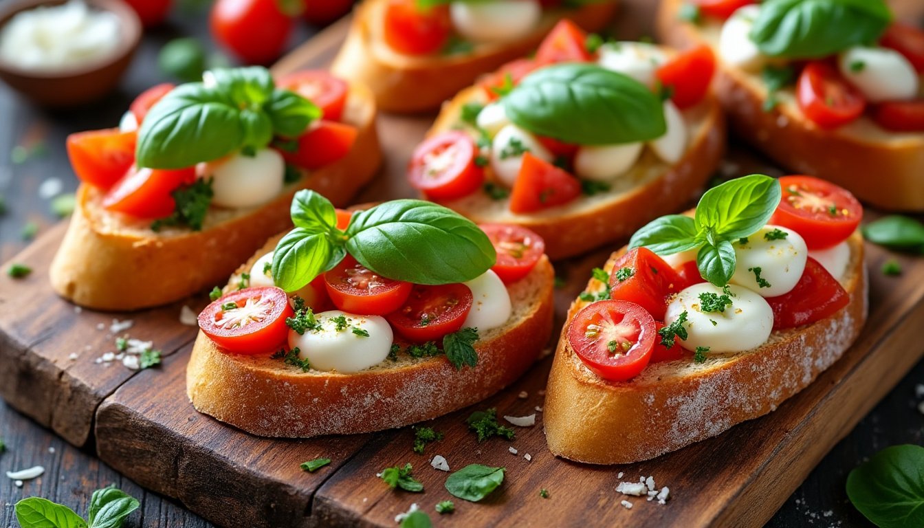 découvrez une recette savoureuse de bruschettas à la tomate et basilic, un apéritif frais et coloré qui ravira vos invités. faciles à préparer, ces tranches de pain grillé garnies de tomates juteuses et de basilic aromatique sont parfaites pour toutes les occasions. régalez vos papilles avec ce délice méditerranéen!