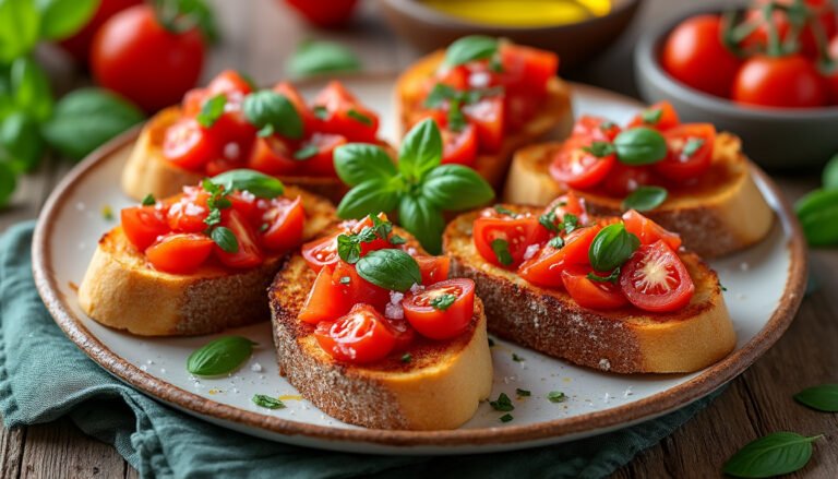 découvrez notre délicieuse recette de bruschettas à la tomate et basilic, un apéritif frais et savoureux qui séduira vos convives. faciles à préparer, ces tartines croustillantes sont garnies de tomates juteuses et de basilic aromatique, parfaites pour toutes les occasions.