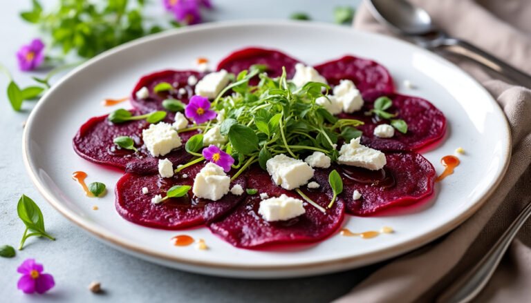 découvrez notre délicieuse recette de carpaccio de betterave au fromage de chèvre, un plat frais et savoureux idéal pour impressionner vos invités. alliant la douceur de la betterave et le crémeux du fromage de chèvre, cette entrée colorée ravira vos papilles tout en apportant une touche élégante à vos repas.