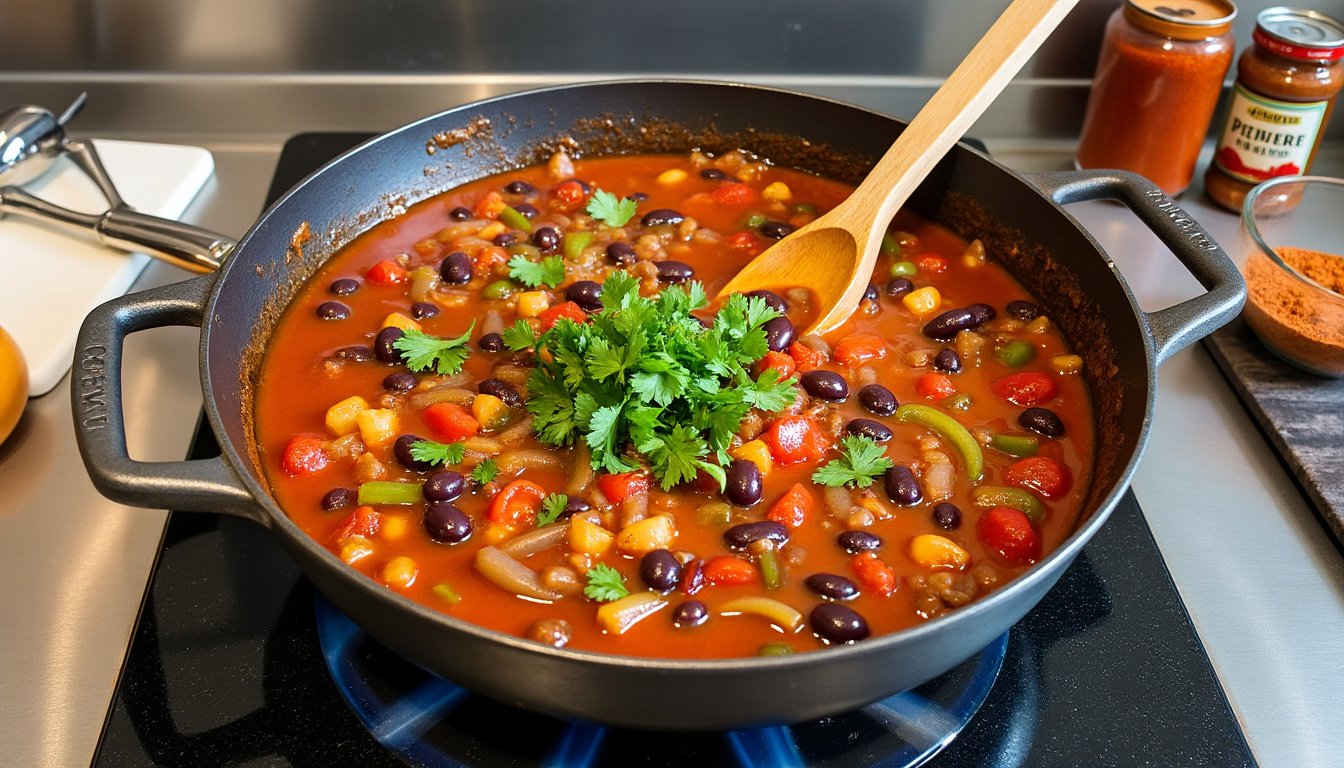 découvrez une recette savoureuse de chili sin carne, où haricots noirs et poivrons se marient pour offrir un plat végétarien riche en saveurs. idéal pour une cuisine saine et réconfortante, ce chili saura ravir vos papilles tout en étant facile à préparer.