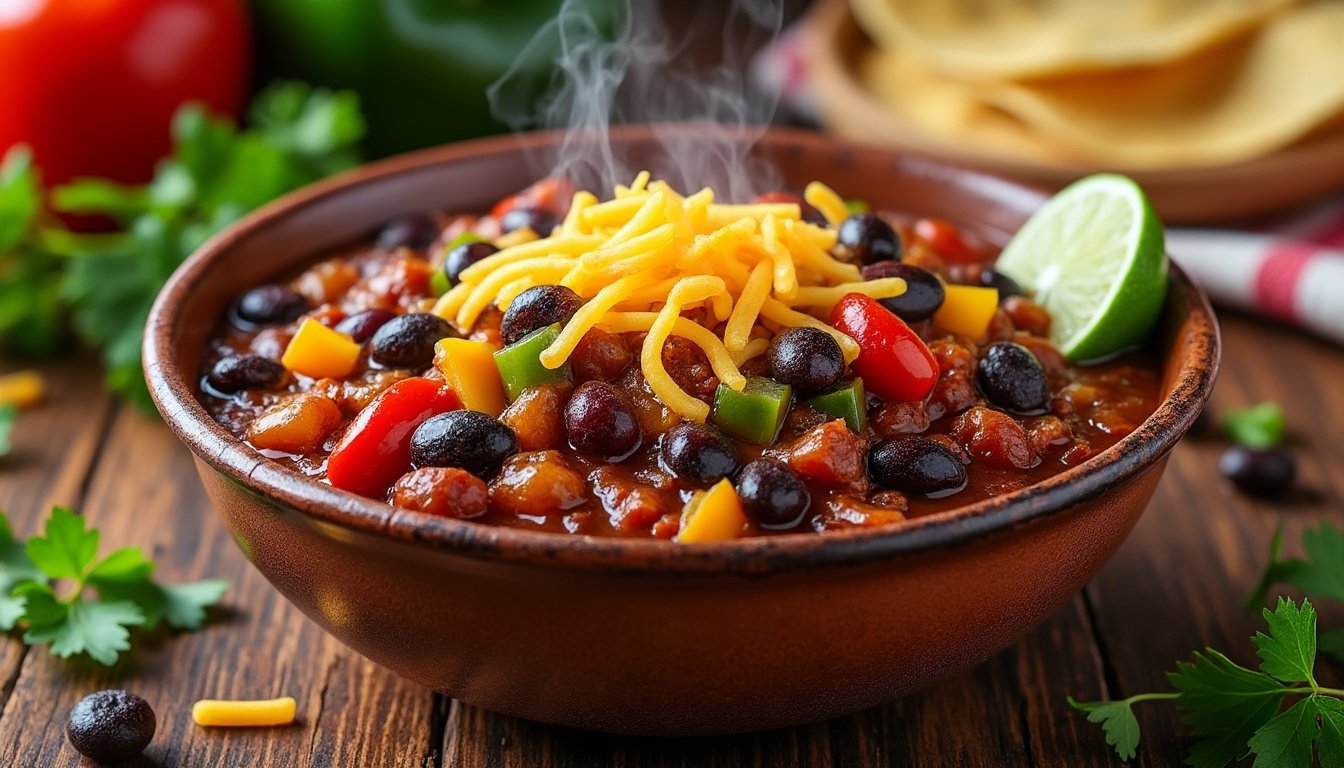 découvrez notre recette savoureuse de chili sin carne, préparé avec des haricots noirs et des poivrons colorés. un plat végane riche en protéines et en saveurs, parfait pour régaler vos convives tout en réchauffant les cœurs.