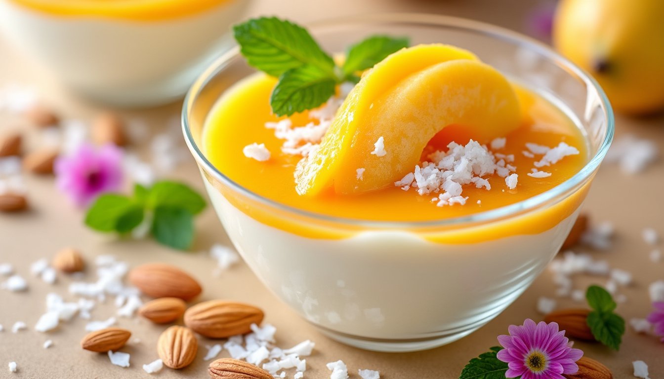 découvrez notre délicieuse crème coco-mangue façon panna cotta, un dessert exotique et crémeux qui allie la douceur de la noix de coco à la fraîcheur de la mangue. parfait pour émerveiller vos papilles et égayer vos repas festifs !