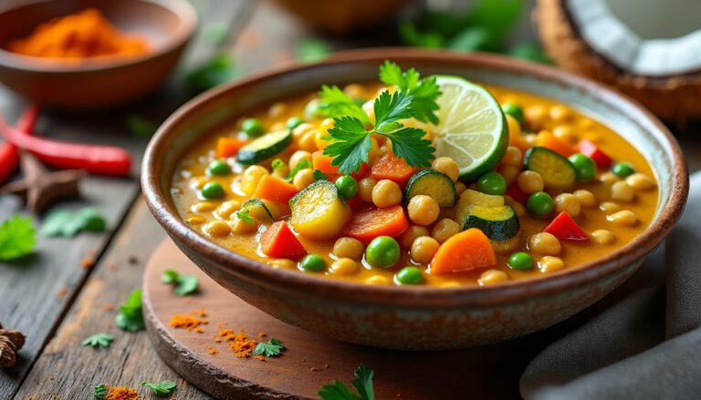 savourez un délicieux curry de légumes et pois chiches au lait de coco, une recette réconfortante et pleine de saveurs exotiques. idéale pour un repas sain et végétarien, cette préparation associe la douceur du lait de coco à la richesse des épices, pour un plat coloré et nourrissant.