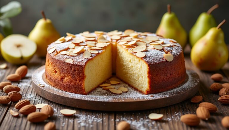 découvrez notre délicieux gâteau aux poires et amandes, une pâtisserie moelleuse mêlant la douceur des poires juteuses à la saveur délicate des amandes. parfait pour un dessert réconfortant ou un goûter gourmand, ce gâteau séduira vos papilles à chaque bouchée.