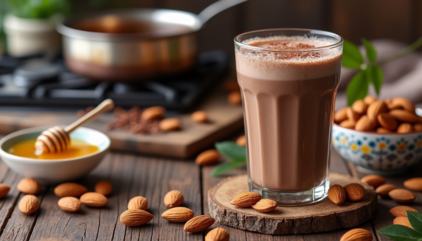 découvrez notre recette simple et délicieuse de lait d’amande maison au cacao. profitez d'une boisson saine et réconfortante, parfaite pour les petits-déjeuners ou les moments de détente. préparez votre propre lait d’amande avec une touche de cacao pour une explosion de saveurs chocolatées!