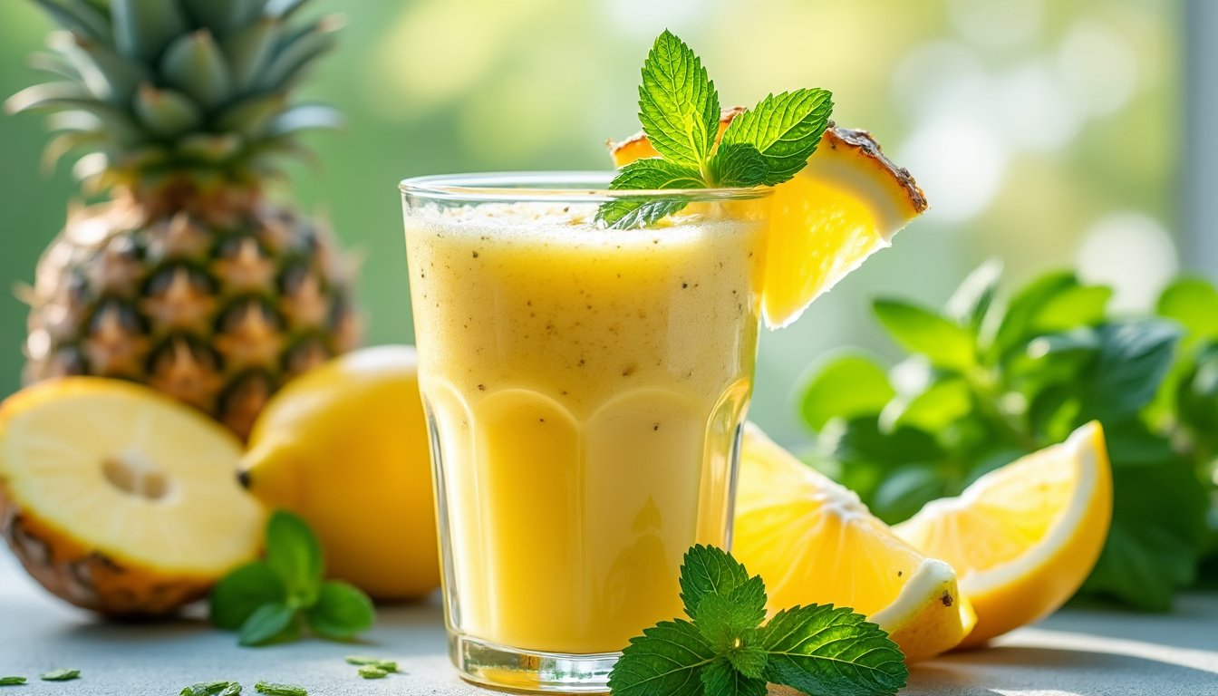 découvrez les multiples bienfaits du smoothie ananas-citron-menthe pour votre santé. ce délicieux mélange riche en vitamines et antioxydants favorise la digestion, booste le système immunitaire et apporte une hydratation optimale. faites le plein d'énergie tout en vous régalant de cette boisson fraîche et revitalisante !