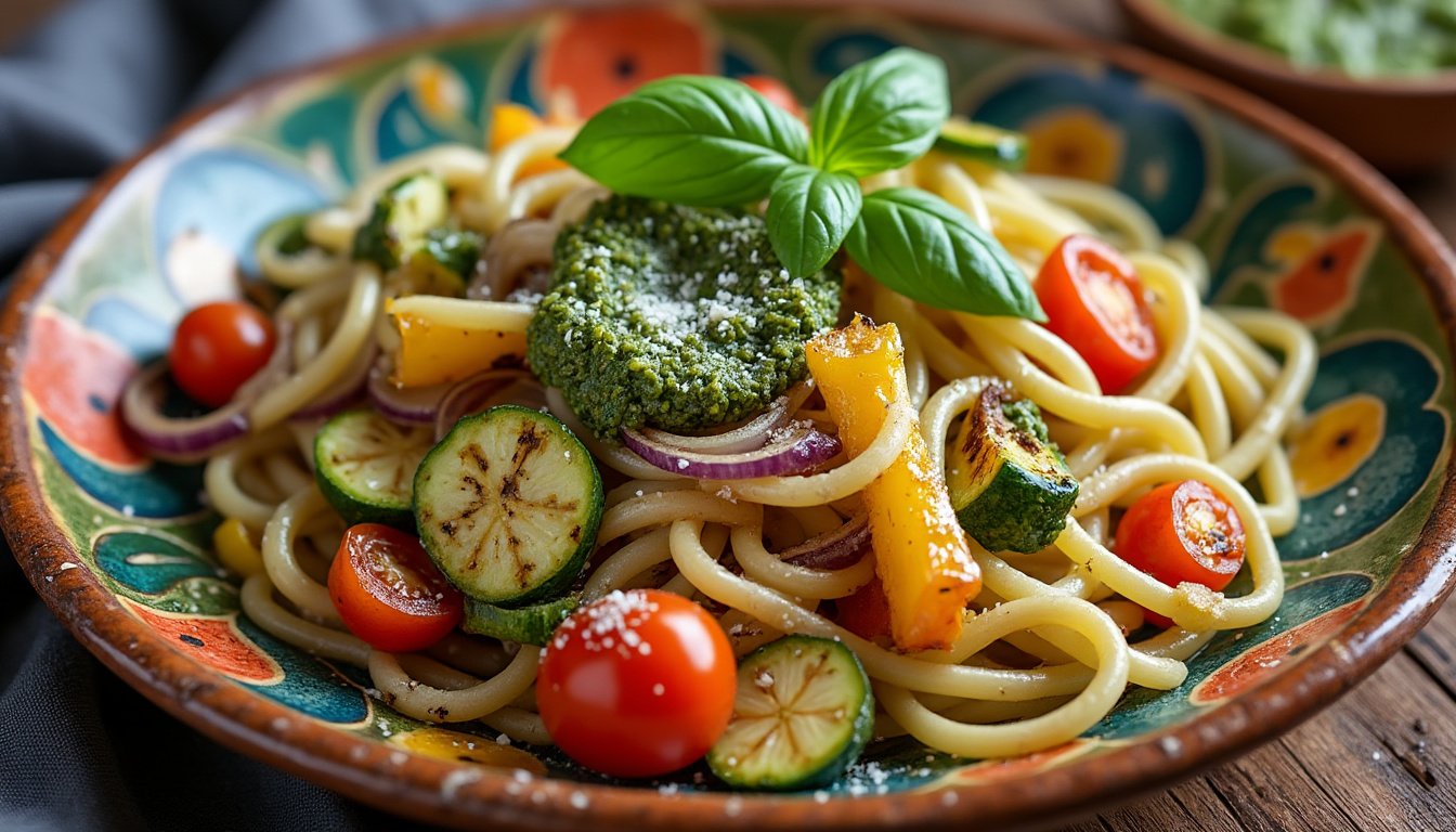 savourez un plat délicieux de pâtes aux légumes grillés, accompagné d'un pesto maison aromatique. cette recette saine et colorée allie la fraîcheur des légumes de saison et la richesse des saveurs italiennes, parfaite pour un repas convivial et réconfortant.