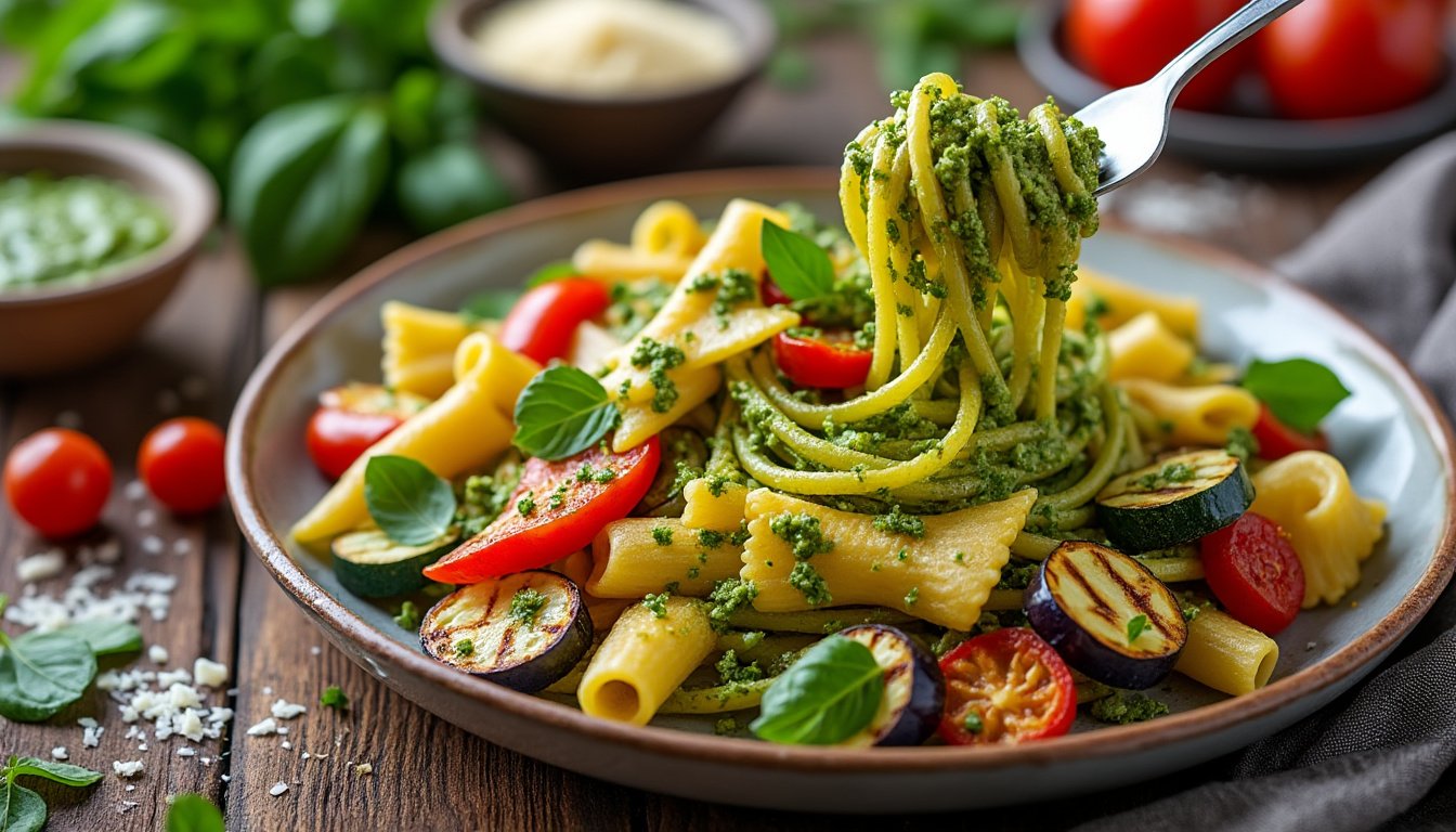 savourez un plat coloré de pâtes aux légumes grillés, accompagné d'un pesto maison onctueux. idéal pour une dîner sain et plein de saveurs, cette recette met à l'honneur la fraîcheur des ingrédients et la simplicité de la cuisine maison.