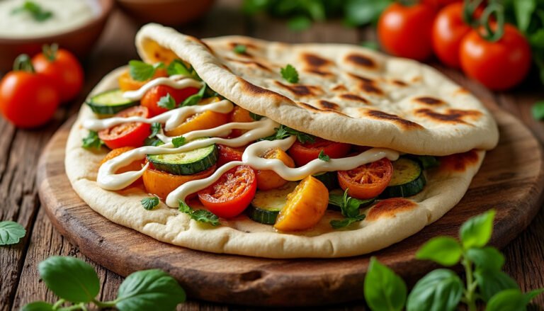 découvrez notre délicieuse pita garnie de légumes rôtis savoureux et d'une onctueuse sauce tahini. un plat végétal qui allie goût et santé, parfait pour un repas rapide et équilibré.