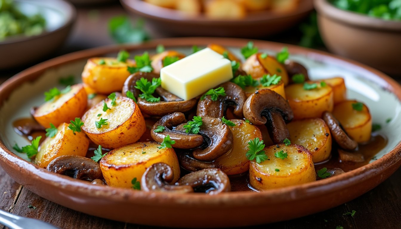 découvrez une délicieuse poêlée de pommes de terre et champignons à l'ail, une recette savoureuse et réconfortante qui comblera vos papilles. idéale comme accompagnement ou plat principal, cette préparation allie le croustillant des pommes de terre et l'umami des champignons, le tout rehaussé par une touche d'ail parfumé.