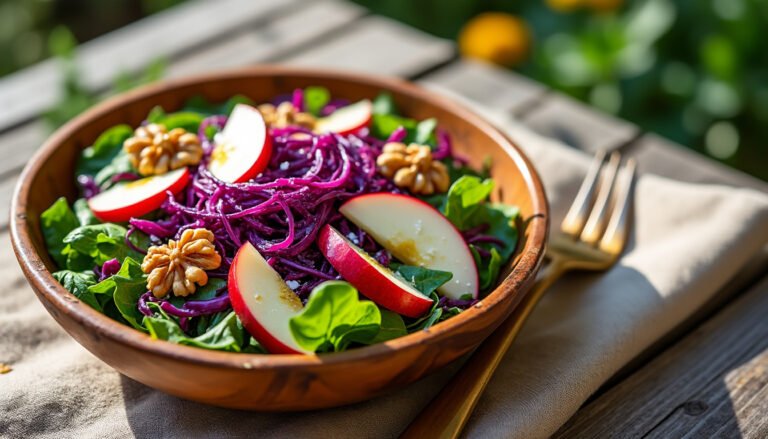 découvrez une délicieuse salade de chou rouge associée à des pommes croquantes et des noix parfumées. parfaite pour une entrée fraîche et saine, cette recette apporte une touche de couleur et de saveurs à vos repas. idéale pour les repas estivaux ou les pique-niques, elle ravira vos papilles !