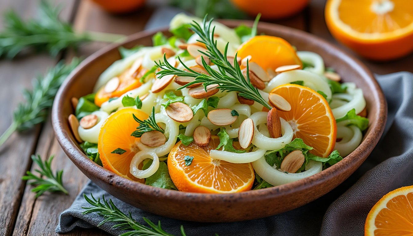 découvrez une délicieuse salade de fenouil, agrémentée d'oranges juteuses et d'amandes effilées croquantes. parfaite pour une entrée fraîche et colorée, cette recette équilibre harmonieusement des saveurs sucrées et salées tout en offrant une touche de créativité à vos repas.