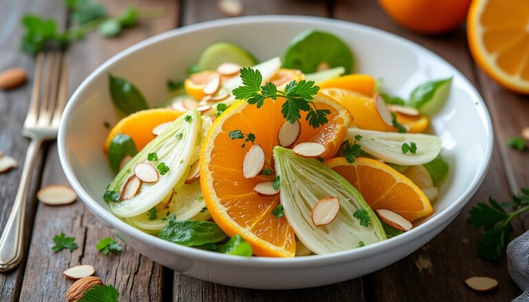 découvrez une délicieuse salade de fenouil croquant, agrémentée d'oranges juteuses et d'amandes effilées pour une explosion de saveurs fraîches et vitaminées. parfaite en entrée ou en accompagnement, cette recette légère ravira vos papilles et égayera vos repas.