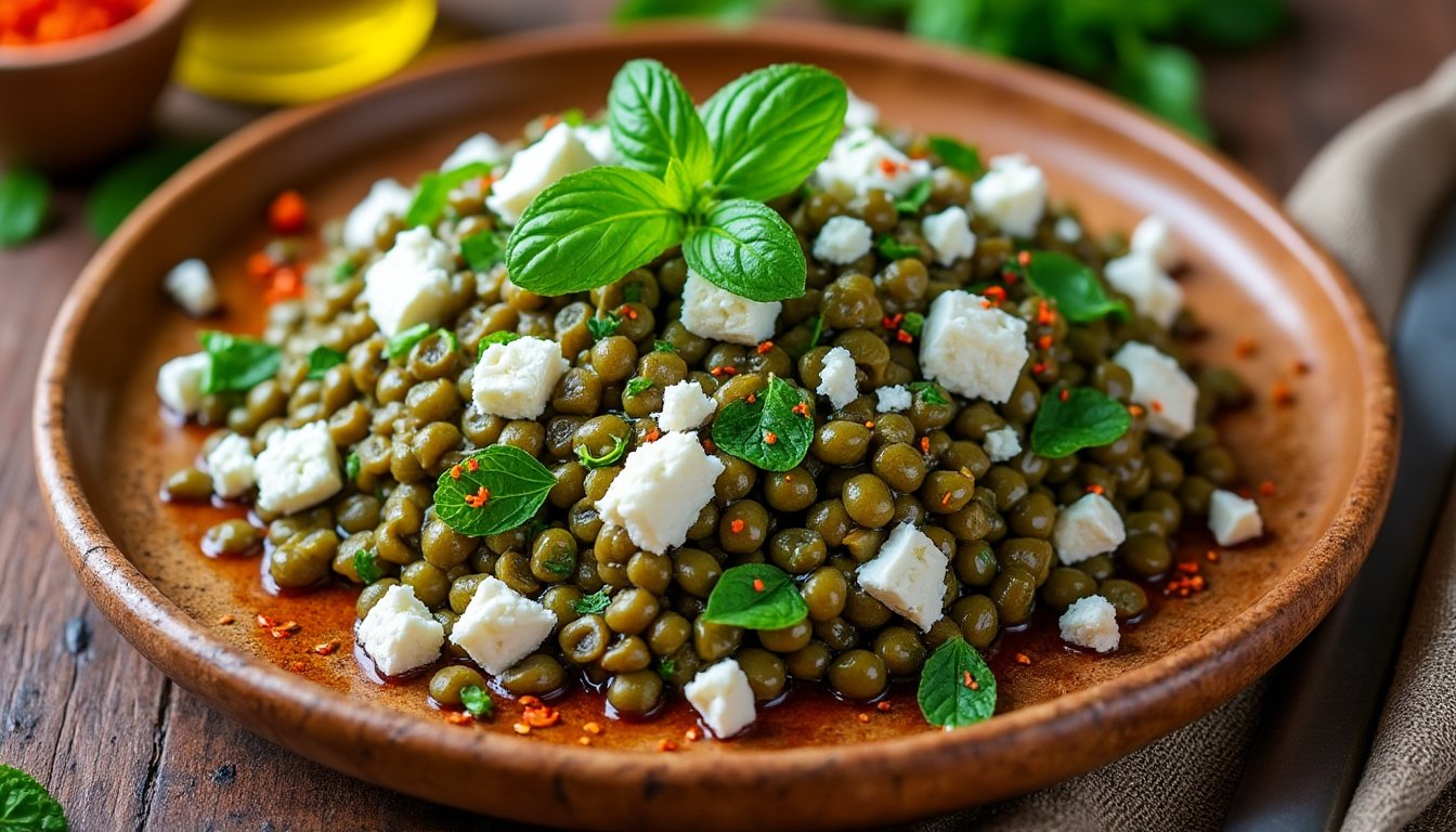 découvrez notre délicieuse salade de lentilles vertes, relevée par des morceaux de feta et rehaussée de menthe fraîche. idéale pour un repas sain et rafraîchissant, cette recette allie des saveurs parfumées et une texture croquante pour un plaisir gustatif unique.