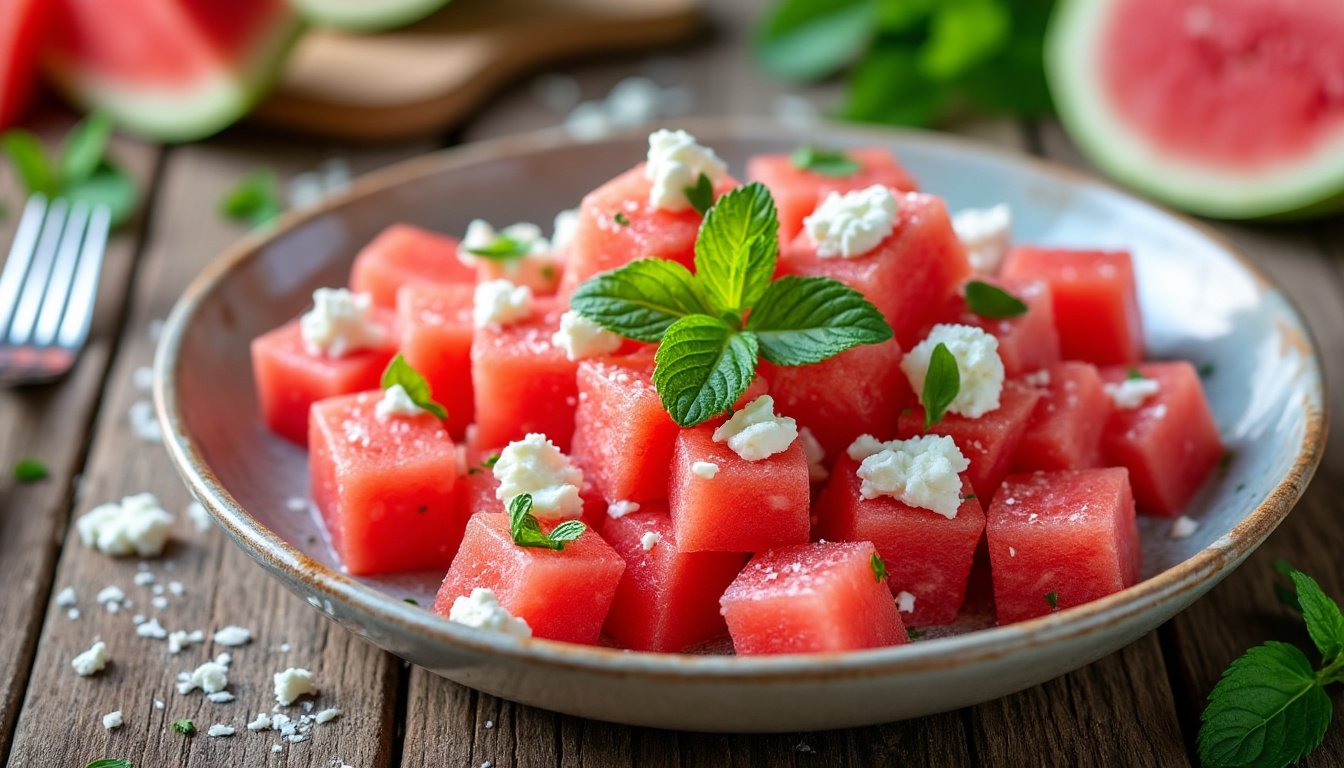 découvrez une délicieuse salade de pastèque, feta et menthe, parfaite pour un été rafraîchissant. alliant la douceur de la pastèque, le crémeux de la feta et la fraîcheur de la menthe, cette recette colorée saura régaler vos papilles lors de vos repas en plein air.