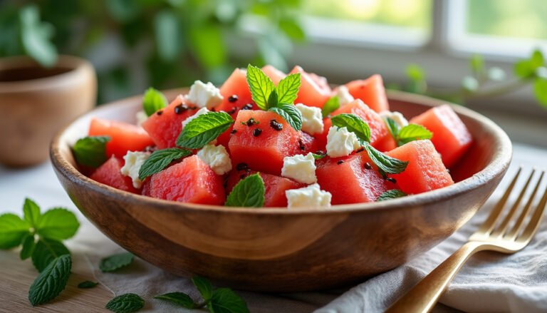 découvrez une délicieuse salade de pastèque, feta et menthe, alliant fraîcheur et saveurs estivales. parfaite pour vos repas légers, cette recette légère et colorée saura éveiller vos papilles !