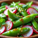 Salade de pois mange-tout, radis et vinaigrette au sésame