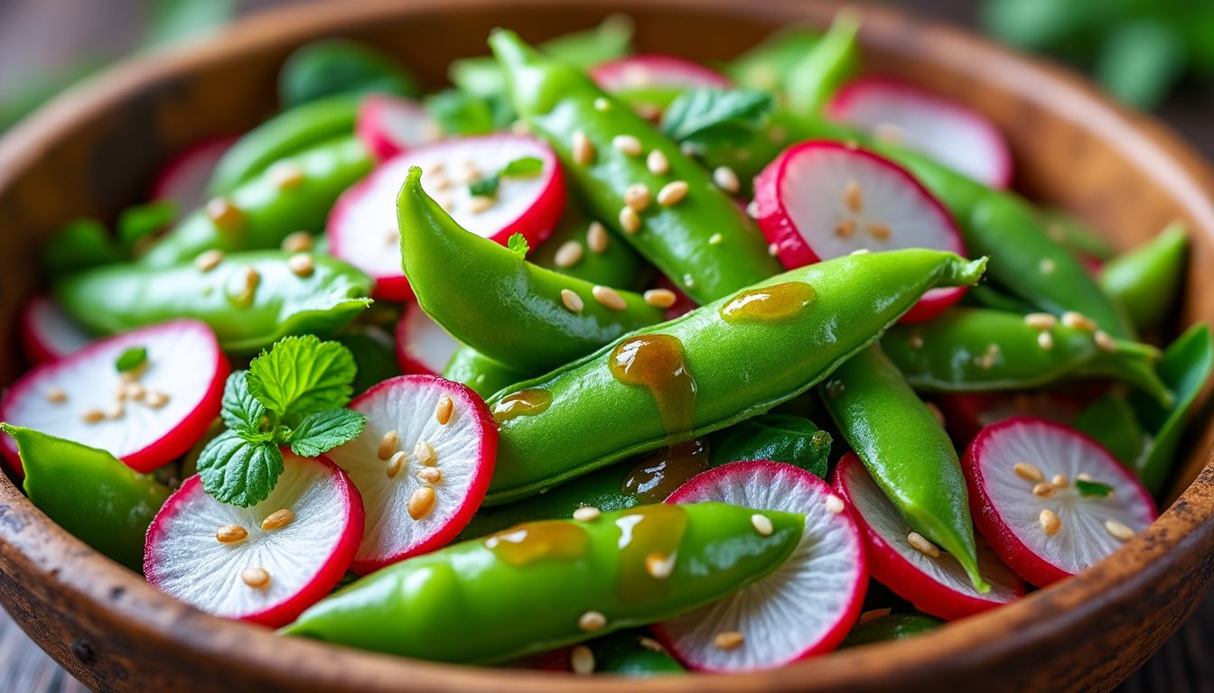 découvrez une délicieuse salade de pois mange-tout et radis, rehaussée d'une vinaigrette au sésame. parfaite pour un repas frais et léger, cette recette allie croquant et saveurs ensoleillées.