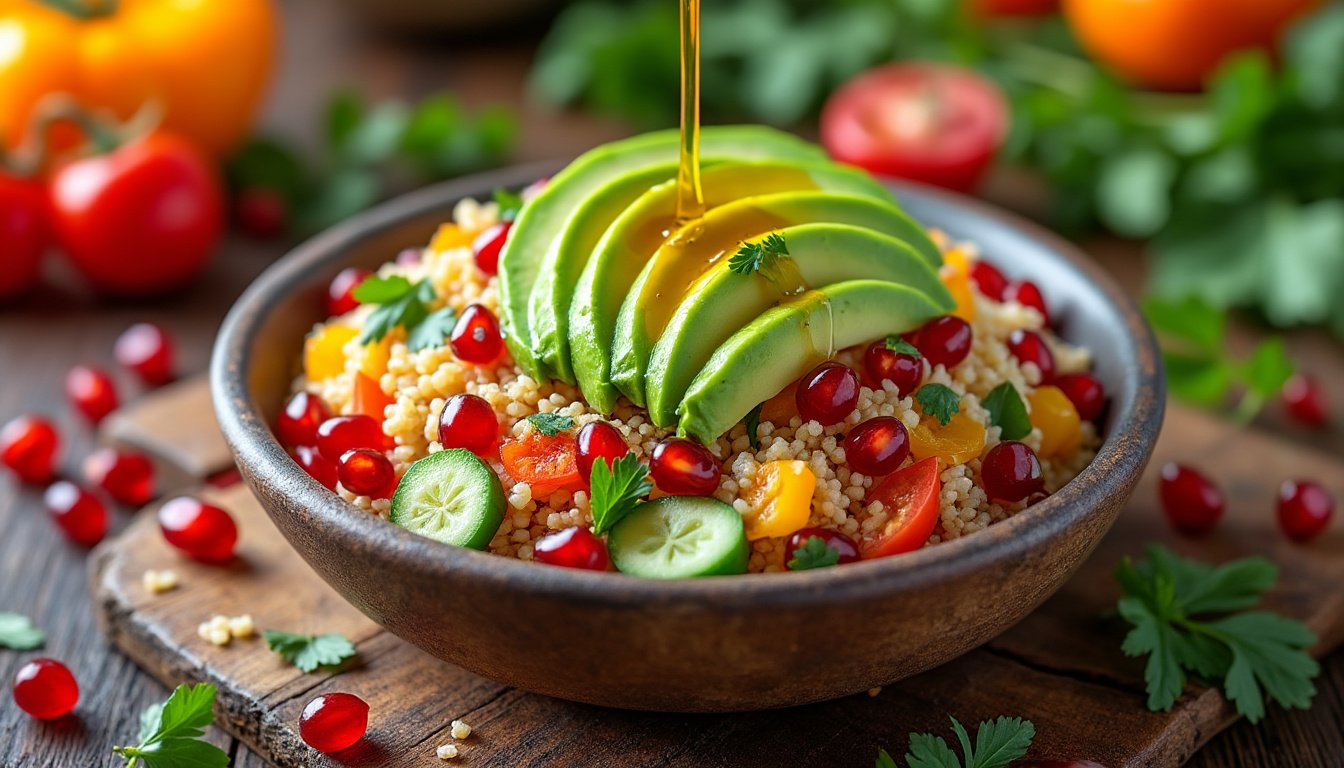 découvrez notre délicieuse salade de quinoa, avocat et grenade, une recette saine et colorée qui allie des saveurs fraîches et exotiques. parfaite pour un déjeuner léger ou un dîner raffiné, cette salade est riche en protéines et en vitamines, idéale pour ravir vos papilles et booster votre énergie.