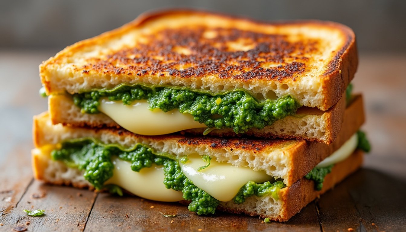 découvrez notre irrésistible sandwich au fromage grillé, rehaussé d'un pesto parfumé. savourez l'alliance parfaite entre le croustillant du pain doré et la fondant du fromage, le tout sublimé par des touches herbacées de pesto frais. un délice simple et savoureux à déguster à tout moment de la journée !