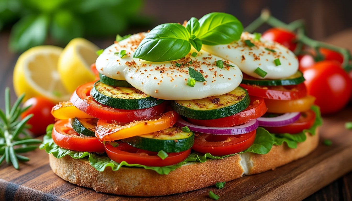 découvrez notre sandwich savoureux aux légumes grillés et à la mozzarella fondante, une délicieuse alliance de saveurs fraîches et boisées, parfait pour un déjeuner sain et gourmand. idéal pour les amateurs de cuisine végétale!