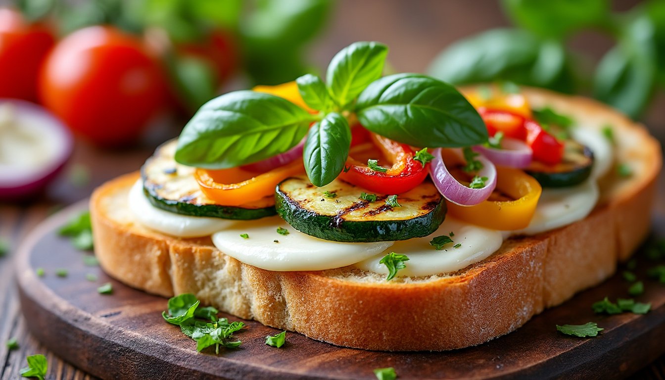 découvrez notre délicieux sandwich aux légumes grillés et mozzarella, une combinaison savoureuse de légumes frais, grillés à la perfection, et de fromage mozzarella fondant, le tout servi dans un pain croustillant. idéal pour un repas léger et réconfortant !