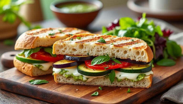 découvrez un savoureux sandwich aux légumes grillés, rehaussé de mozzarella fondante. parfait pour un repas léger et gourmand, il allie fraîcheur et réconfort dans chaque bouchée.