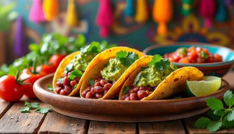 découvrez une recette savoureuse de tacos végétariens garnis de haricots rouges et d'un guacamole crémeux. parfait pour un repas sain et nourrissant, ces tacos séduiront aussi bien les végétariens que les amateurs de cuisine délicieuse et colorée.