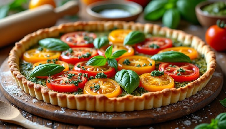 découvrez notre délicieuse tarte fine aux tomates juteuses et pesto maison, un accord parfait de saveurs méditerranéennes. idéale en entrée ou plat léger, cette recette facile à réaliser ravira vos convives à chaque bouchée.