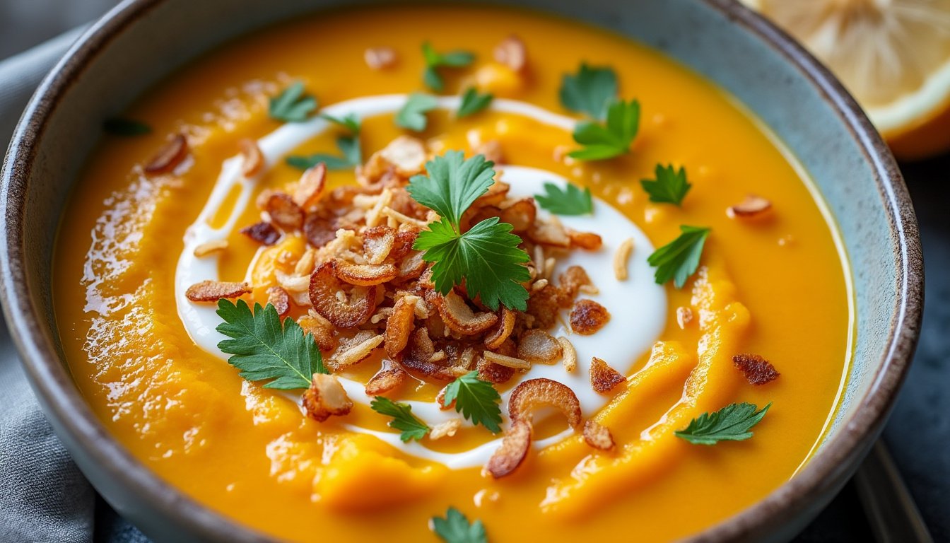 découvrez notre velouté de courge butternut au lait de coco, une recette réconfortante et onctueuse qui allie douceur et parfum exotique. idéal pour les soirées d'hiver, ce plat savoureux saura ravir vos papilles tout en apportant chaleur et gourmandise à votre table.