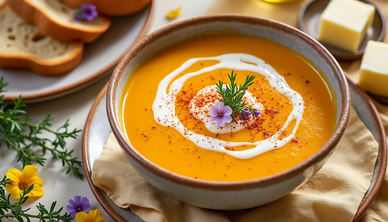 découvrez un délicieux velouté de courge butternut au lait de coco, une recette réconfortante et onctueuse qui allie la douceur des courges à la richesse du lait de coco. parfait pour régaler vos convives lors des soirées d'hiver, ce plat savoureux est simple à réaliser et idéal pour végétariens.