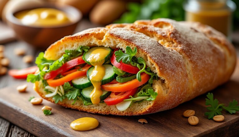 découvrez notre délicieuse baguette garnie de légumes croquants et d'une touche de moutarde, un mélange parfait de saveurs fraîches et de textures croustillantes. idéale pour un déjeuner sain et rapide, cette baguette saura ravir vos papilles à chaque bouchée.