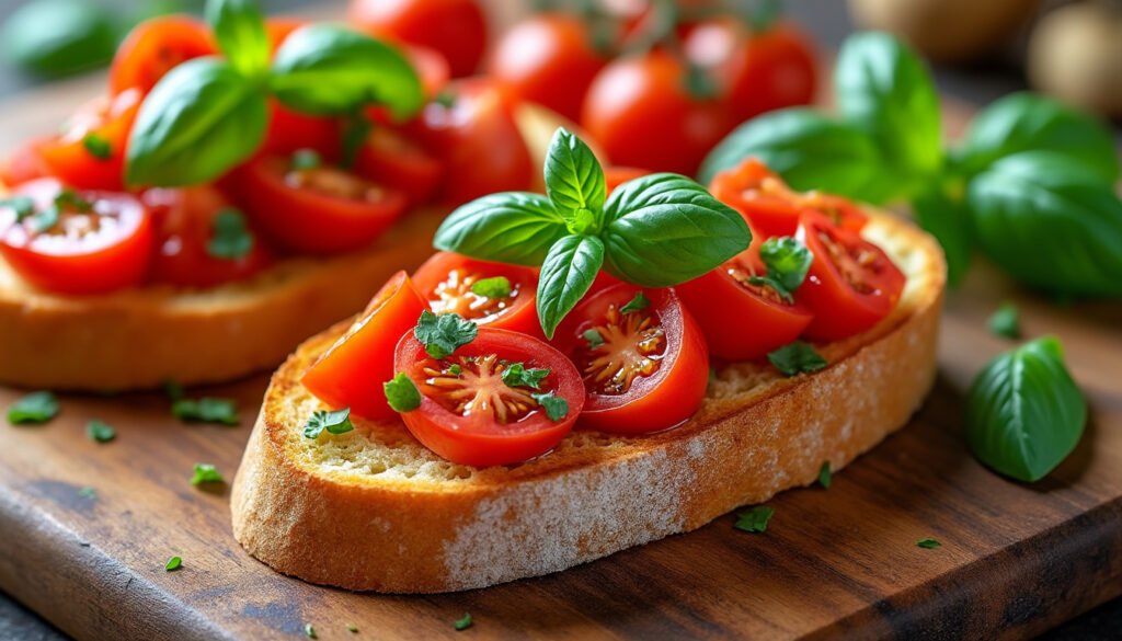 découvrez notre recette de bruschetta à la tomate et basilic : une délicieuse mise en bouche colorée et parfumée, parfaite pour vos apéritifs. savourez le mariage savoureux de la tomate fraîche, du basilic aromatique et du pain croustillant, tout en profitant d'un moment convivial.