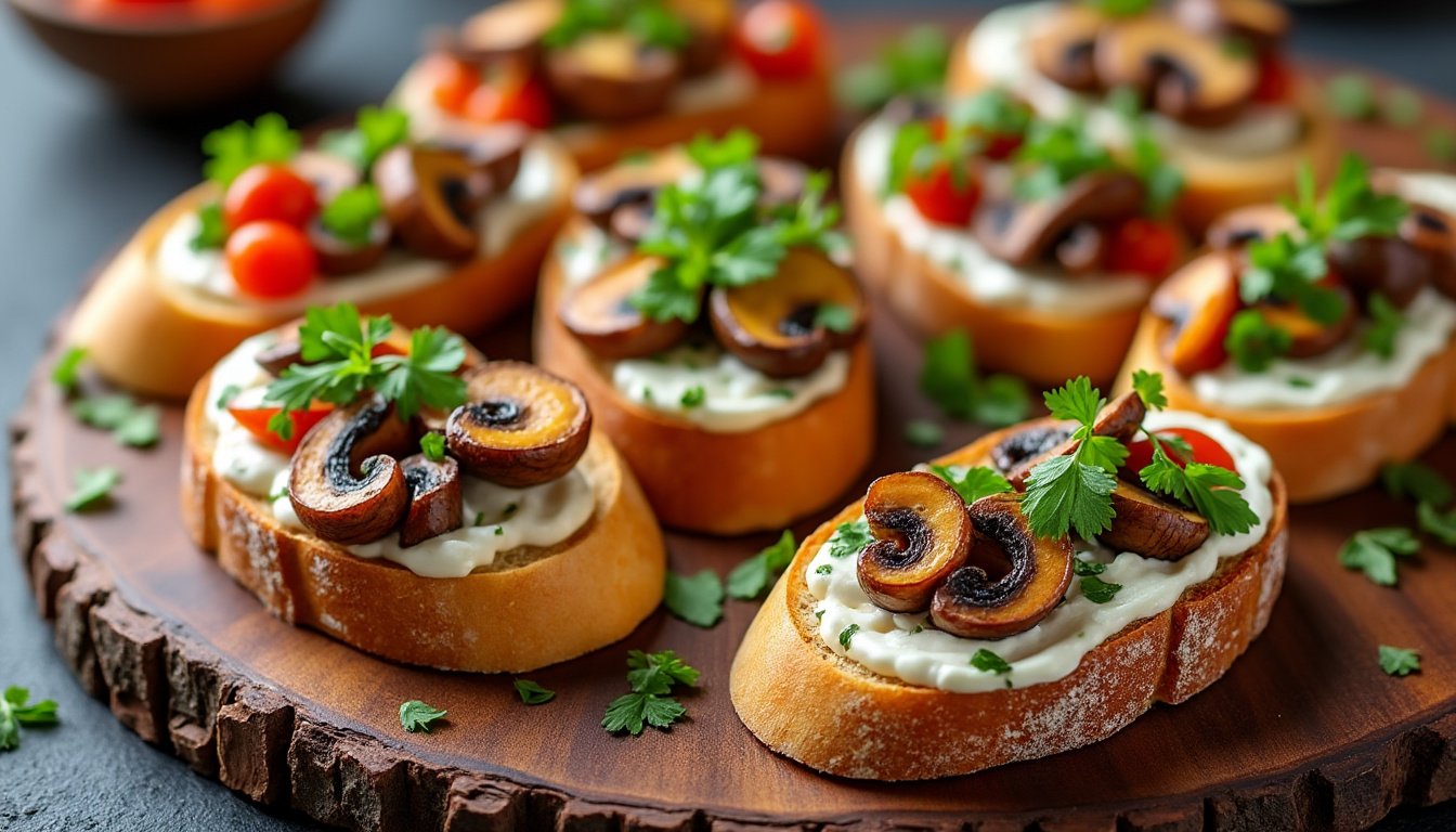 découvrez notre délicieuse recette de bruschettas aux champignons et ricotta, une entrée savoureuse alliant les saveurs élégantes des champignons sautés à la crémeuse ricotta, le tout sur une tranchée de pain croustillant. idéale pour vos apéritifs ou repas conviviaux !