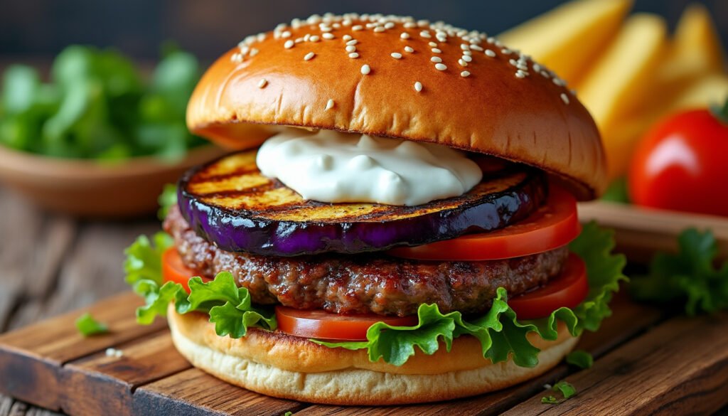 découvrez notre délicieux burger à l’aubergine grillée, garnie d'une savoureuse sauce yaourt. une combinaison parfaite de saveurs végétales, idéale pour les amateurs de cuisine saine et gourmande. à savourer sans modération !