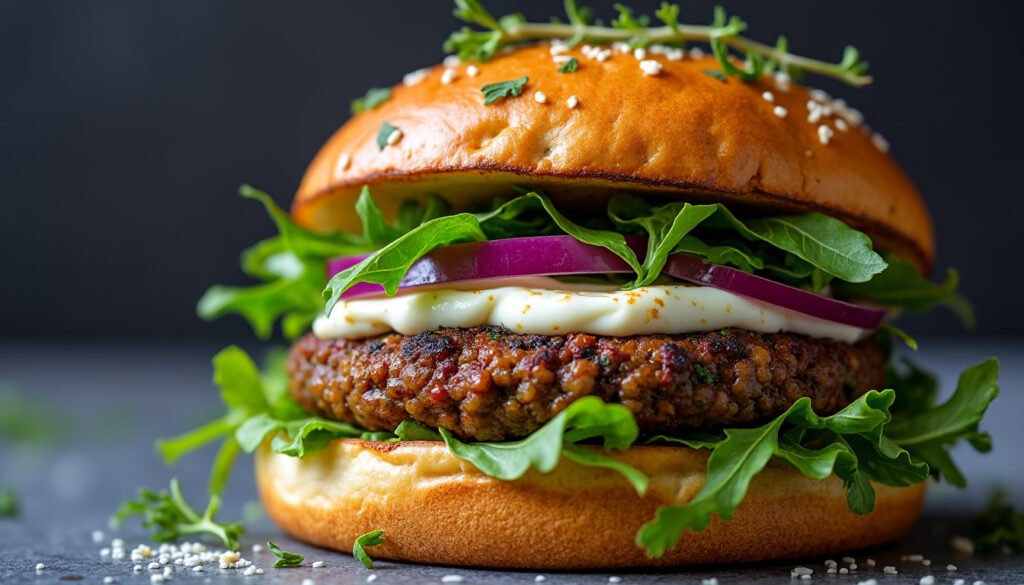 découvrez notre savoureux burger aux lentilles corail et fromage de chèvre, une délicieuse alternative végétarienne qui allie la douceur des lentilles à la crémeux du fromage. parfait pour un repas sain et gourmand, ce burger saura séduire vos papilles !