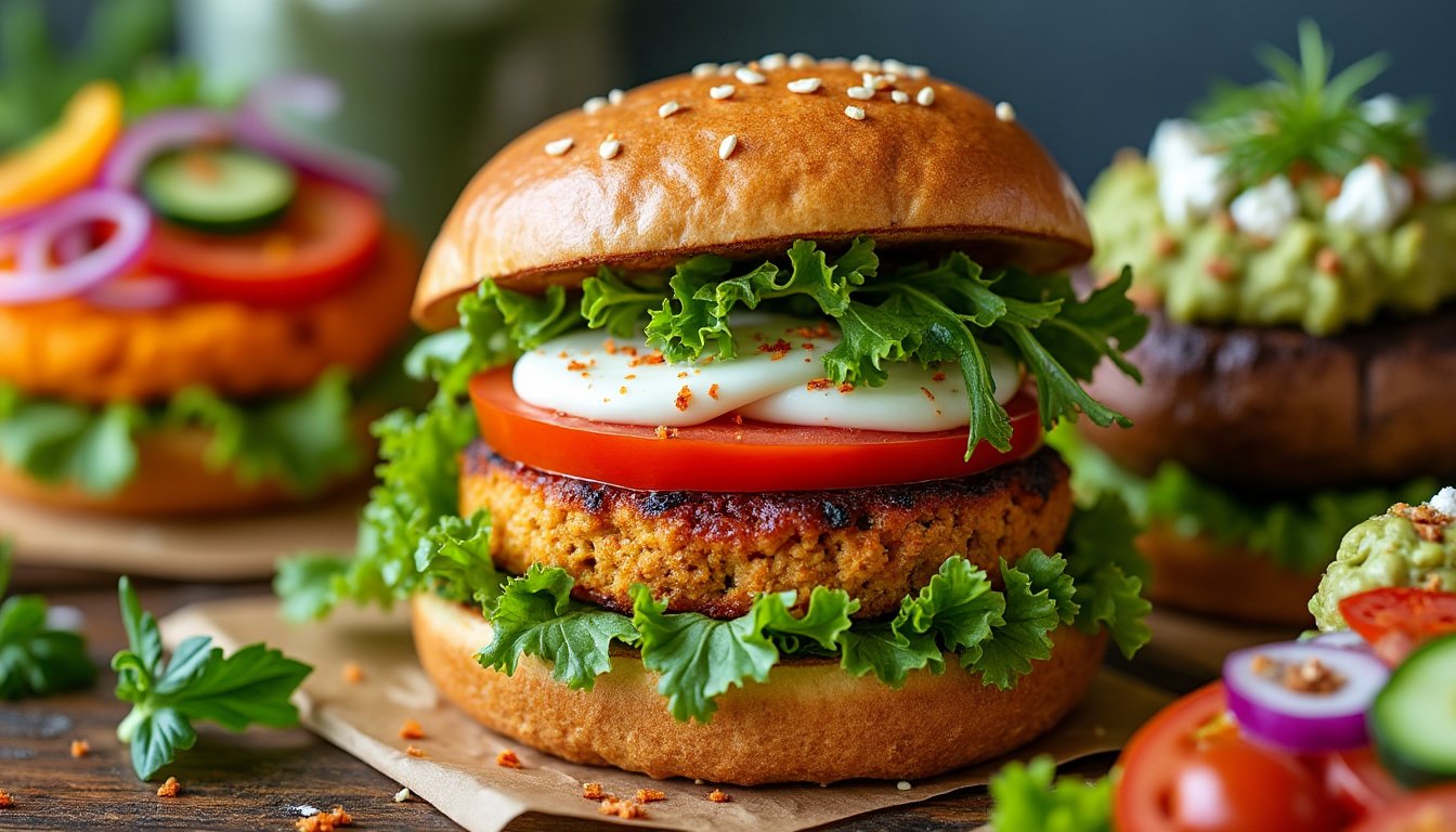 découvrez notre délicieux burger végétarien au tofu mariné, un plat savoureux et healthy qui allie des saveurs riches et une texture parfaite. idéal pour les amateurs de cuisine végétale, ce burger est garni de légumes frais et d'une sauce maison irrésistible. à déguster sans modération!