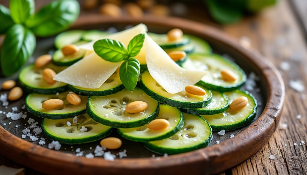 savourez un délicieux carpaccio de courgettes, rehaussé de pignons de pin croquants et de parmesan savoureux. cette recette fraîche et légère est idéale pour vos apéritifs ou en entrée, apportant une touche estivale à vos repas.