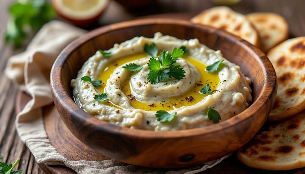 découvrez notre délicieux caviar d’aubergine servi avec du pain pita grillé, une recette savoureuse et saine qui ravira vos papilles. idéal en apéritif ou en entrée, ce plat vous transporte au cœur des saveurs méditerranéennes.