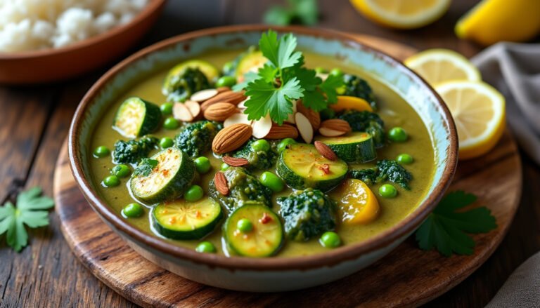 savourez notre délicieux curry de légumes verts au lait d’amande, une recette saine et réconfortante qui allie le croquant des légumes frais à la douceur crémeuse du lait d’amande. parfait pour un repas végétarien, ce plat coloré éveille les papilles et apporte une touche d'exotisme à votre table.