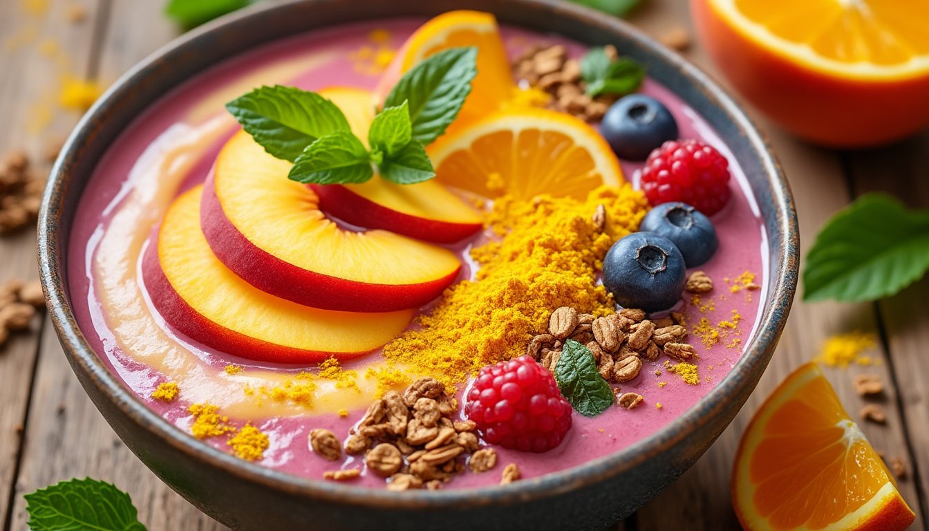 découvrez les bienfaits du smoothie pêche-orange et curcuma, une boisson délicieuse et revitalisante qui allie les saveurs fruitées à la puissance anti-inflammatoire du curcuma. idéal pour booster votre énergie et renforcer votre système immunitaire!