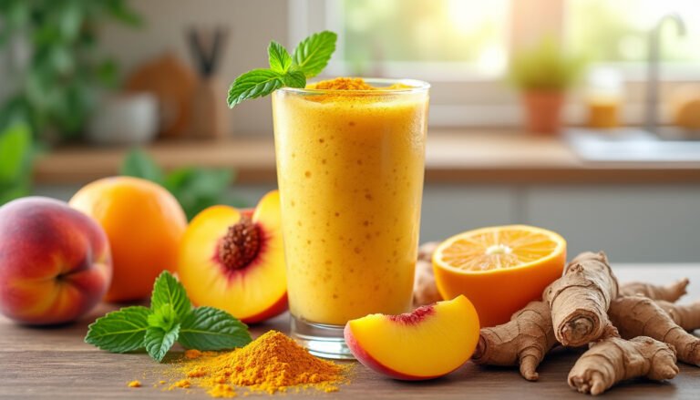 découvrez les bienfaits surprenants du smoothie pêche-orange et curcuma : une boisson délicieuse qui allie le goût sucré des pêches, l'acidité des oranges et les propriétés anti-inflammatoires du curcuma. parfait pour booster votre énergie et votre immunité tout en régalant vos papilles.