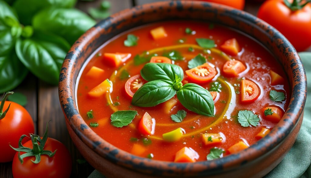 découvrez notre savoureux gaspacho de tomates, poivrons et basilic, une recette estivale rafraîchissante, pleine de saveurs méditerranéennes. parfait pour les chaudes journées d'été, ce mélange coloré de légumes frais vous apportera une explosion de goût en un rien de temps.