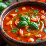 Gaspacho de tomates, poivrons et basilic