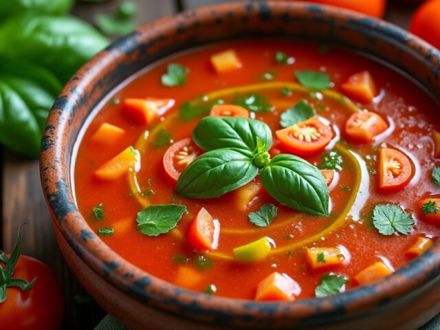 Gaspacho de tomates, poivrons et basilic