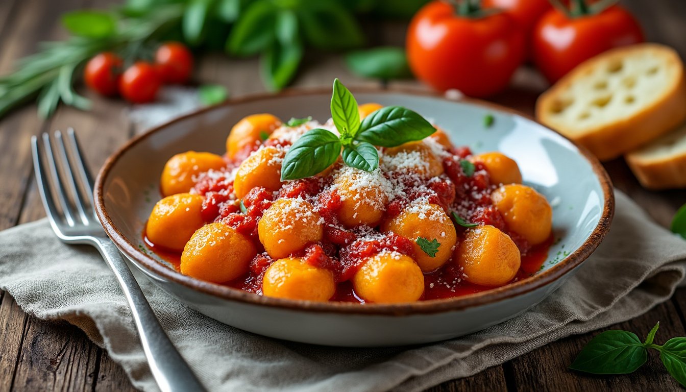 découvrez une délicieuse recette de gnocchis de patate douce, accompagnés d'une savoureuse sauce tomate maison. un plat réconfortant et plein de saveurs, parfait pour émerveiller vos papilles et celles de vos convives.