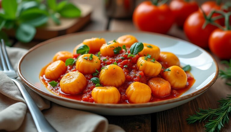 découvrez une recette savoureuse de gnocchis de patate douce accompagnés d'une sauce tomate maison onctueuse. parfaite pour un repas réconfortant, cette combinaison colorée et pleine de saveurs ravira vos papilles tout en étant facile à réaliser. idéale pour impressionner vos invités ou se faire plaisir en famille!