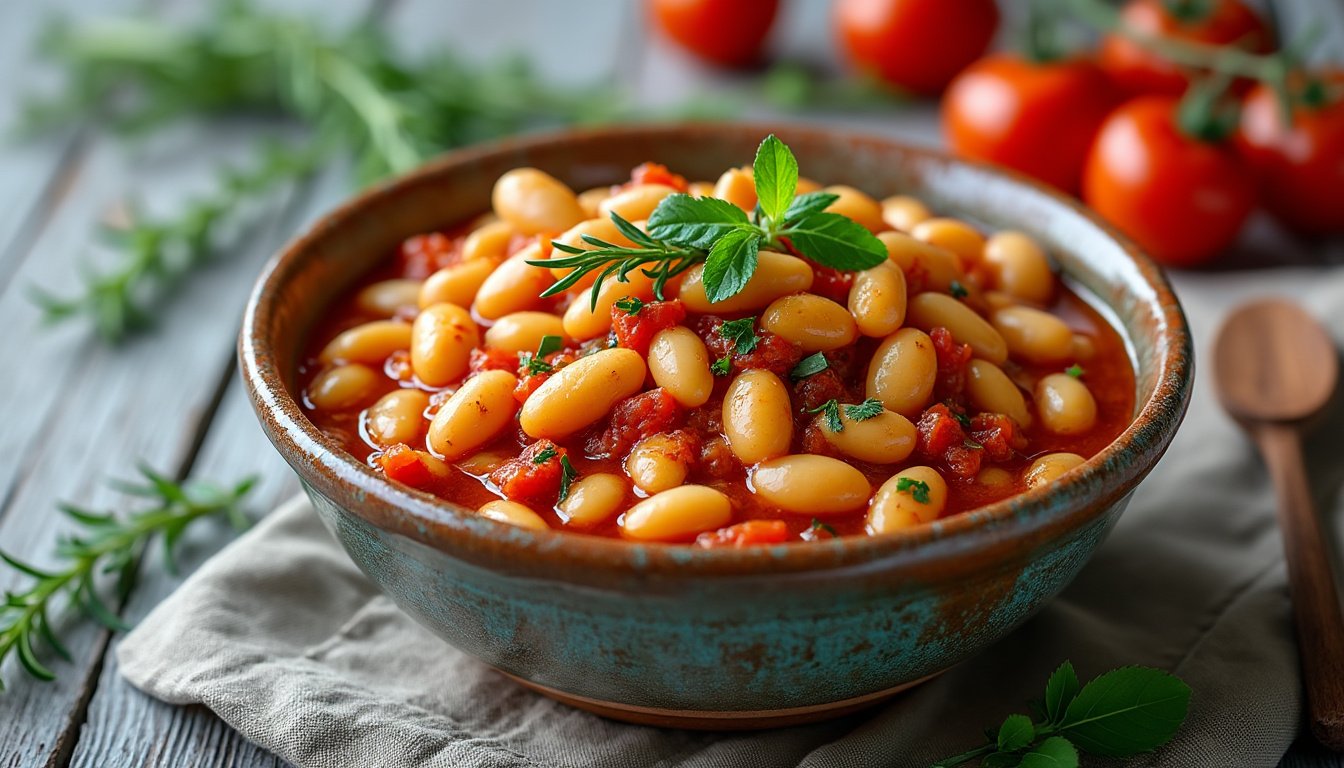 découvrez une délicieuse recette de haricots blancs mijotés à la tomate et au thym. savourez l'alliance parfaite des saveurs méditerranéennes dans ce plat réconfortant, idéal pour un repas sain et gourmand.